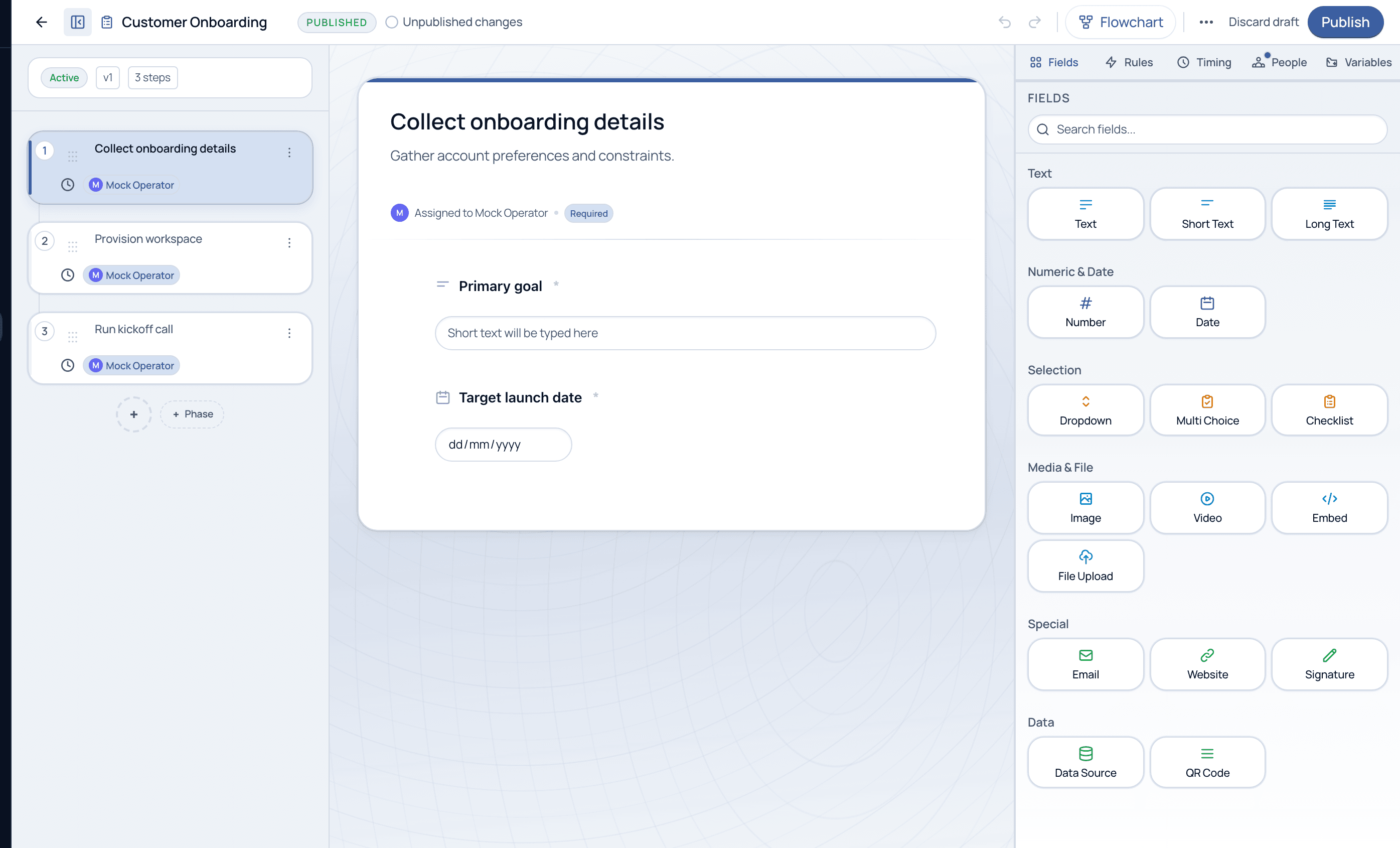 The Flow editor with the steps list, the task canvas, and the design panel with Fields/Rules/Timing/People/Variables tabs