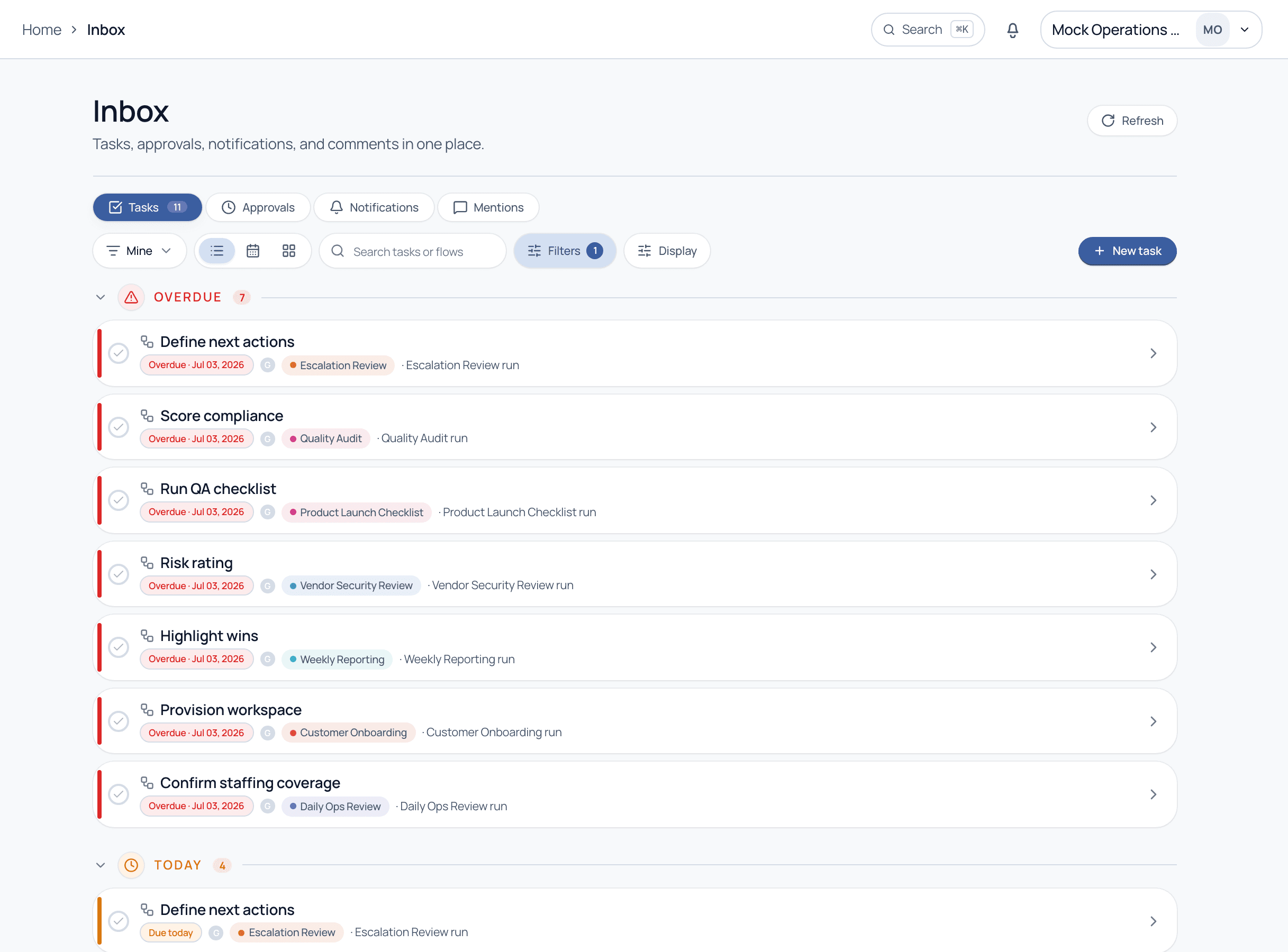 The Inbox showing tasks grouped into Overdue and Today, each with a flow tag and run name